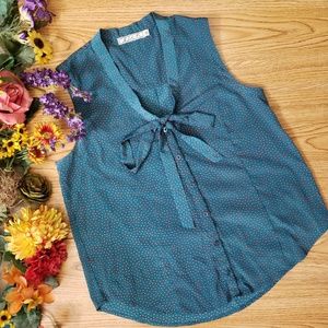 Chloe K Teal Orange Polka Dot Bow Tie Neck Top